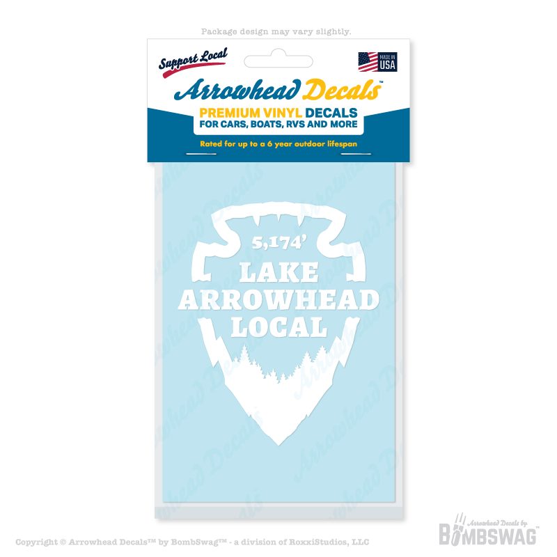 Lake Arrowhead Local decal with arrowhead and trees in Retail Packaging.
