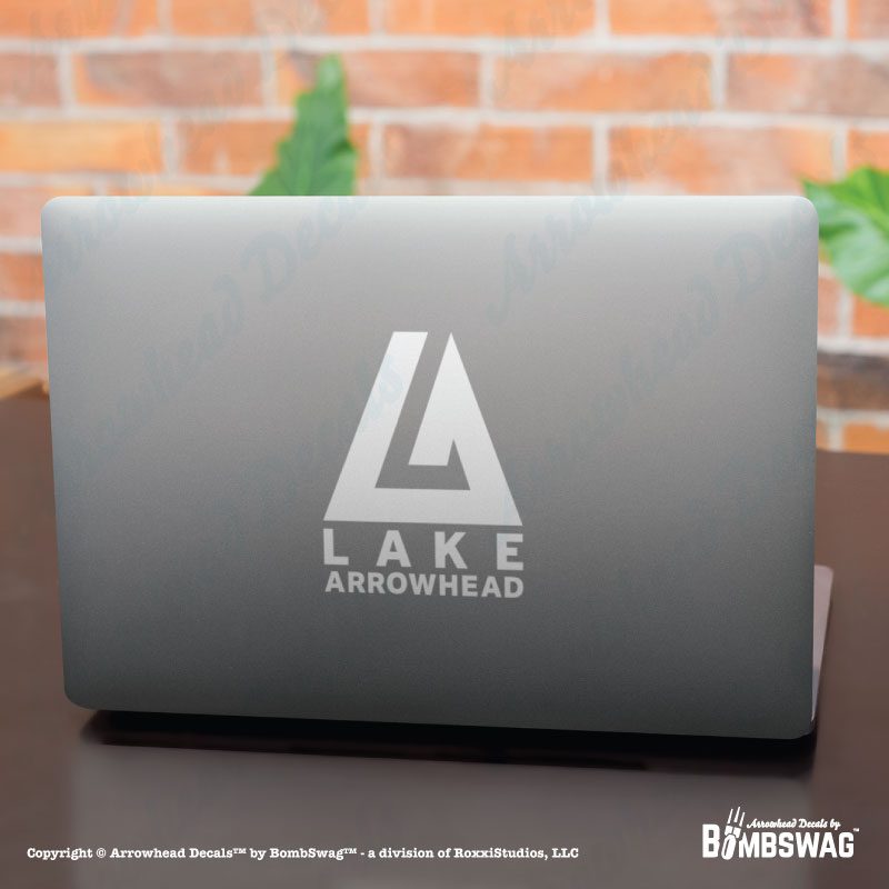 Lake Arrowhead decal with a modern "LA" Logo on a Laptop.