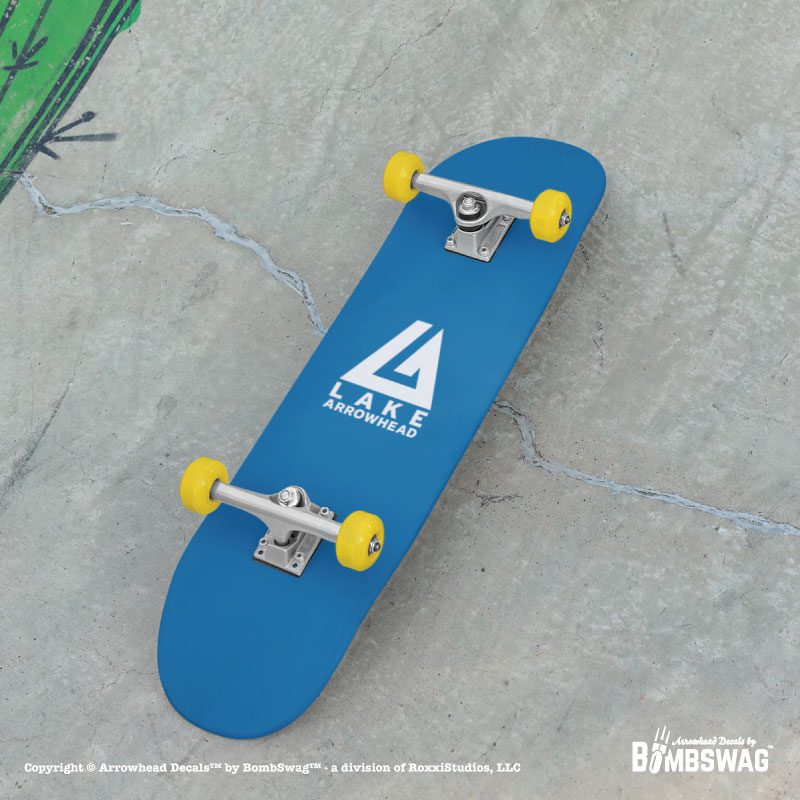 Lake Arrowhead decal with a modern "LA" Logo on a Skateboard.