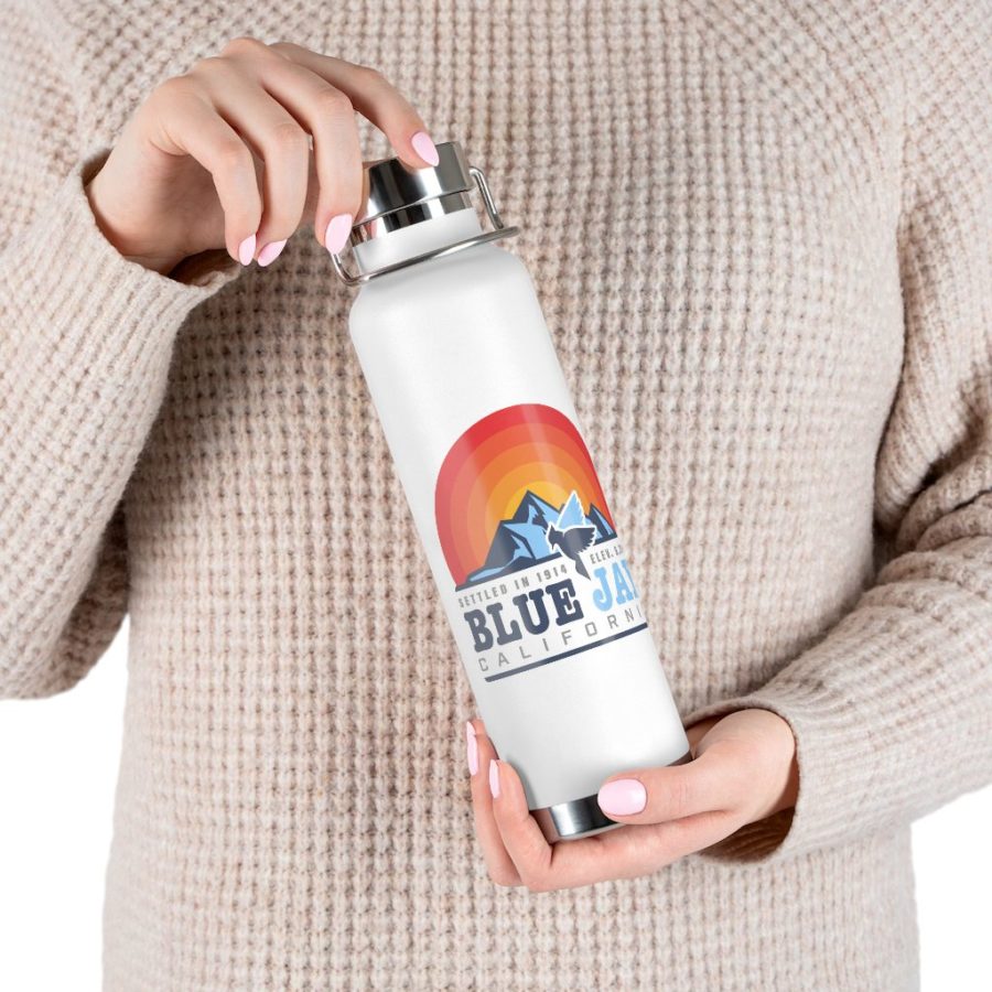 Blue Jay Ca 22 oz Insulated Water Bottle with our Sunset, Mountains, and Blue Jay Design in White