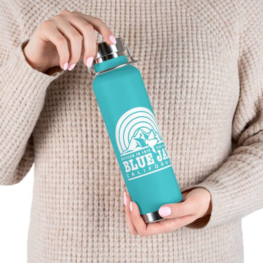 Blue Jay Ca 22 oz Insulated Water Bottle with our Sunset, Mountains, and Blue Jay Design in Mint Green