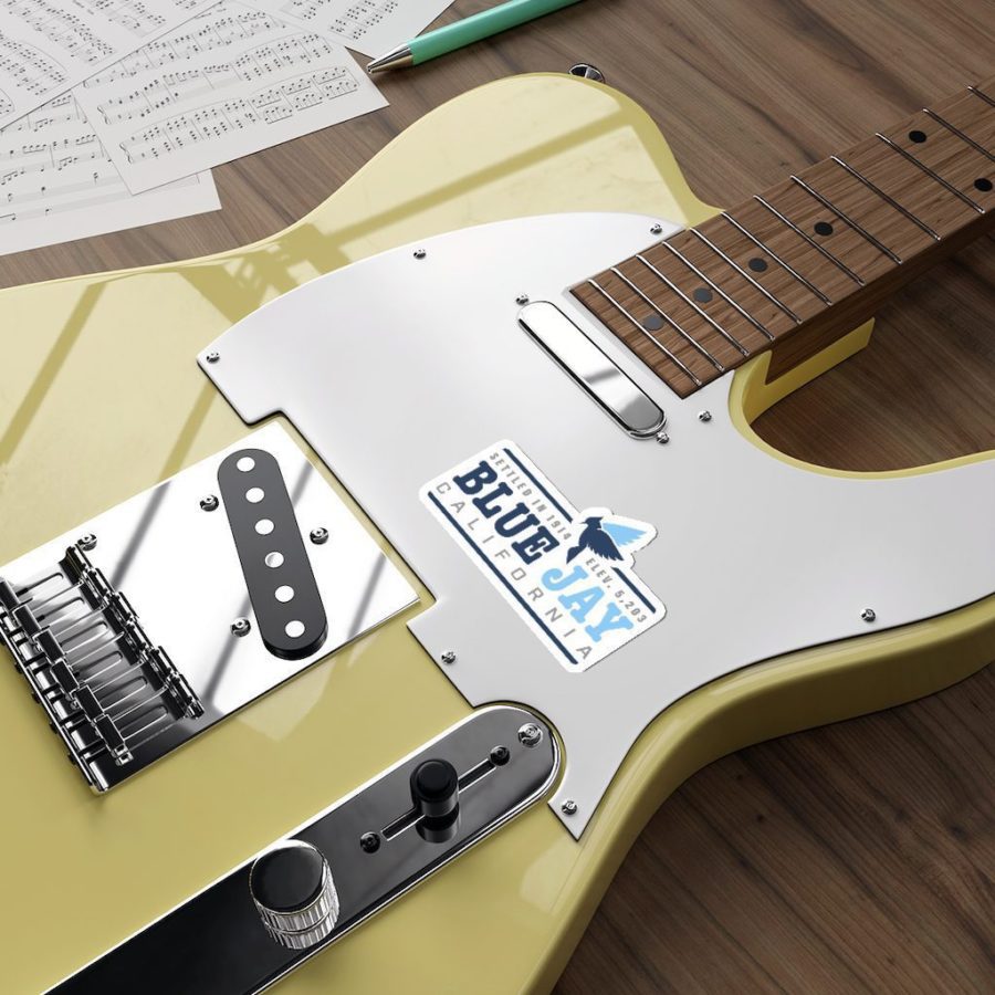 Blue Jay CA Die-Cut Sticker Decal with our Blue Jay, Established Date, and Elevation Design on a Guitar