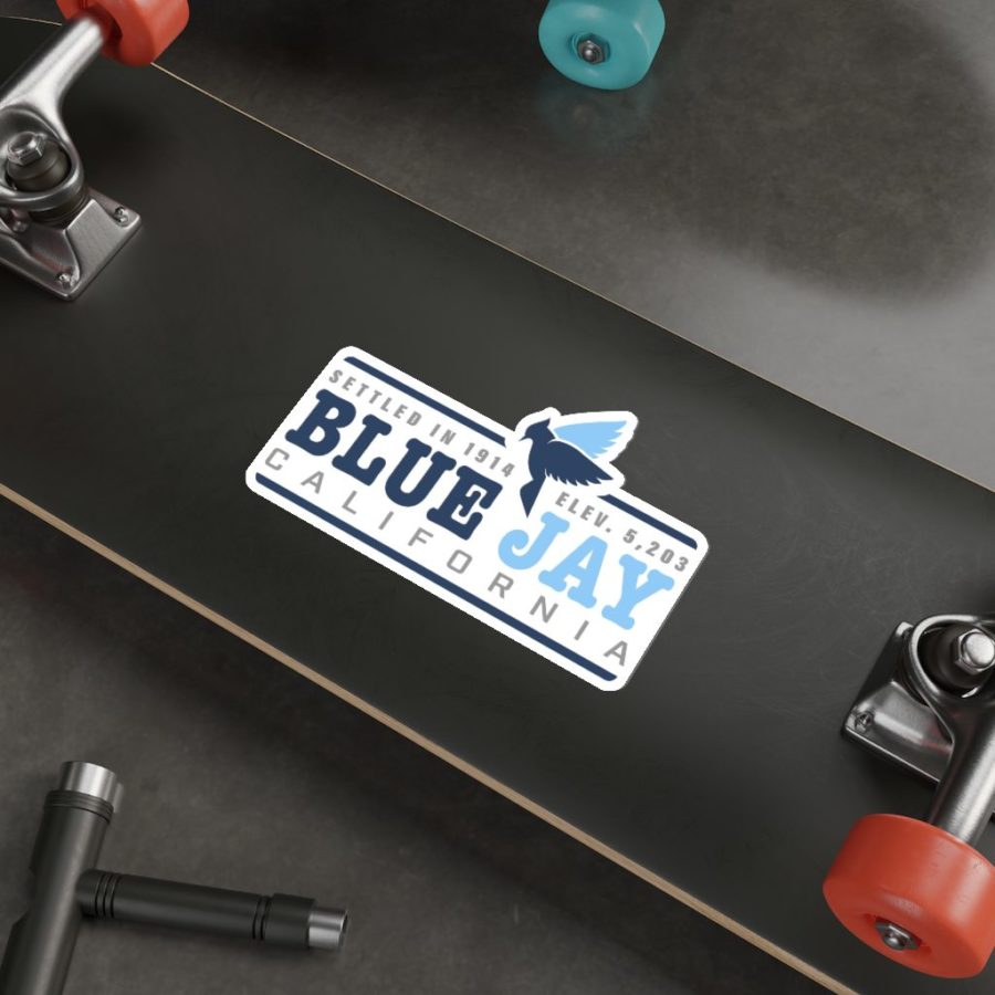Blue Jay CA Die-Cut Sticker Decal with our Blue Jay, Established Date, and Elevation Design on a Skateboard