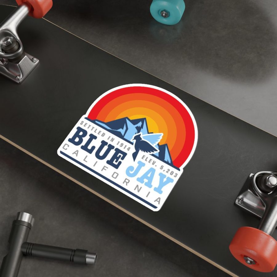 Blue Jay CA Die-Cut Sticker Decal with our Sunset, Mountain Peaks, and Blue Jay Design on a Skateboard
