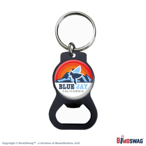 Blue Jay, Ca Keychain Black Bottle Opener with Our Sunset, Mountains, and Blue Jay Design