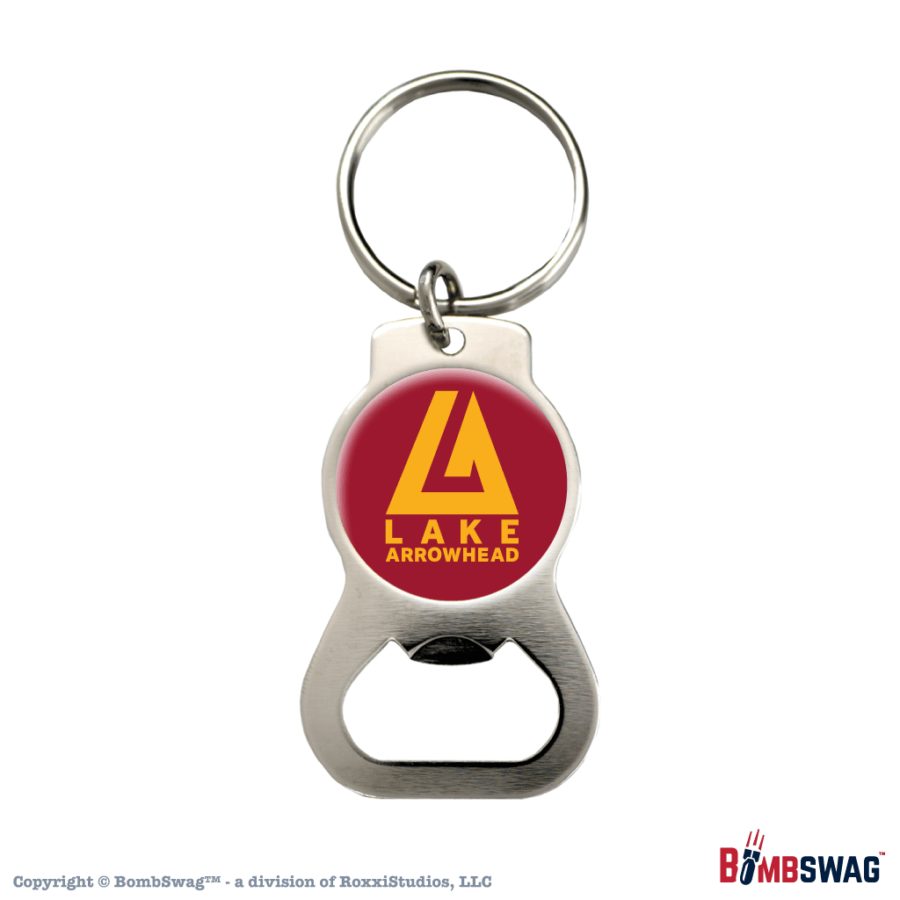 Lake Arrowhead Keyring Keychain Bottle Opener LA Logo Gold on Red