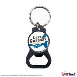 Lake Gregory Keychain Black Bottle Opener with our Lake Shape Background Design in Color on White - LGCA010003BLK_FCW