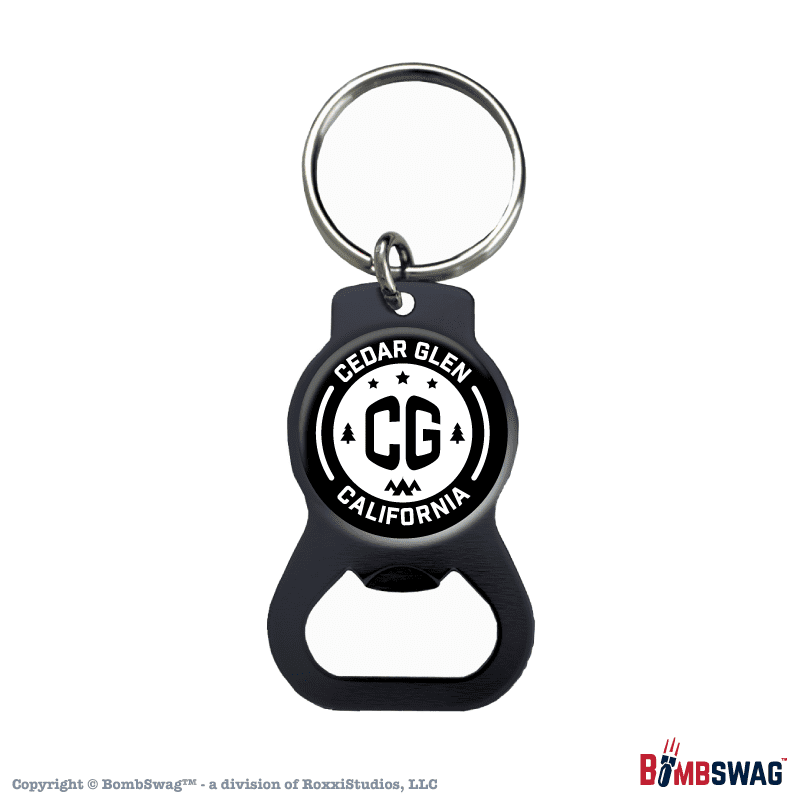 Cedar Glen Black Bottle Opener Keychain with our CG, Stars, and Tents Design White on Black - CGCA 010001SIL_WB