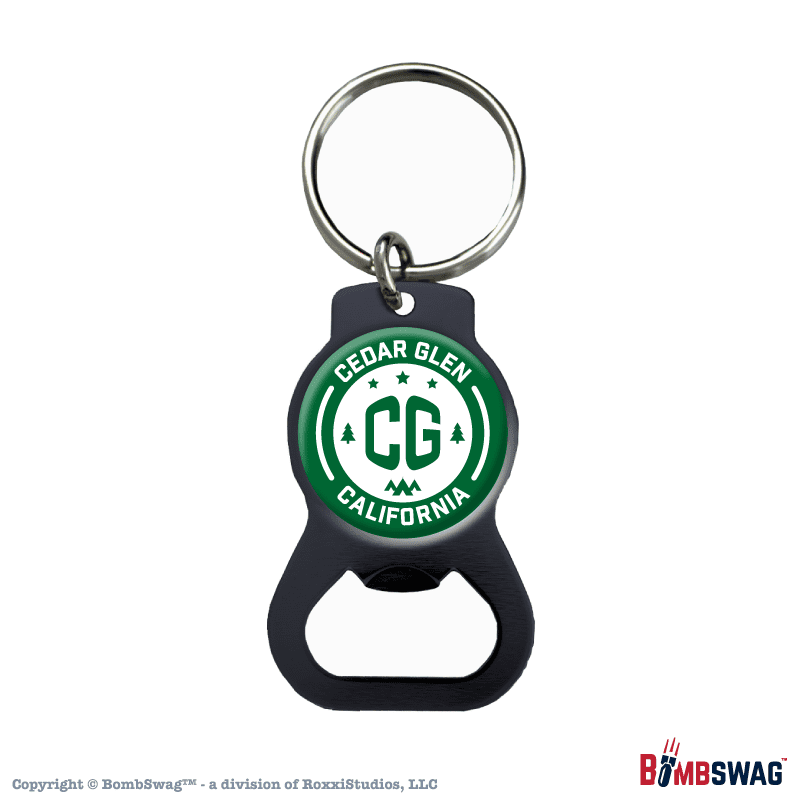 Cedar Glen Black Bottle Opener Keychain with our CG, Stars, and Tents Design White on Black - CGCA 010001SIL_WG