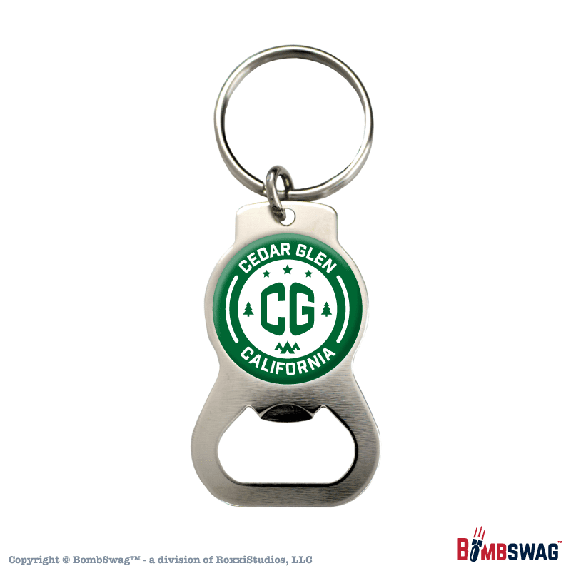 Cedar Glen Silver Bottle Opener Keychain with our CG, Stars, and Tents Design White on Green - CGCA 010001SIL_WG