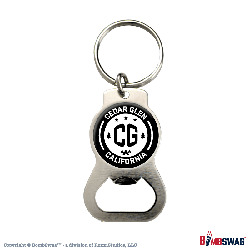 Cedar Glen Silver Bottle Opener Keychain with our CG, Stars, and Tents Design White on Black - CGCA 010001SIL_WB