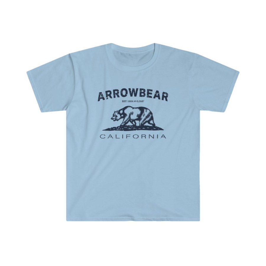 Arrowbear Unisex Soft-style T-Shirt with our Text + California Bear Design - Navy on Light Blue