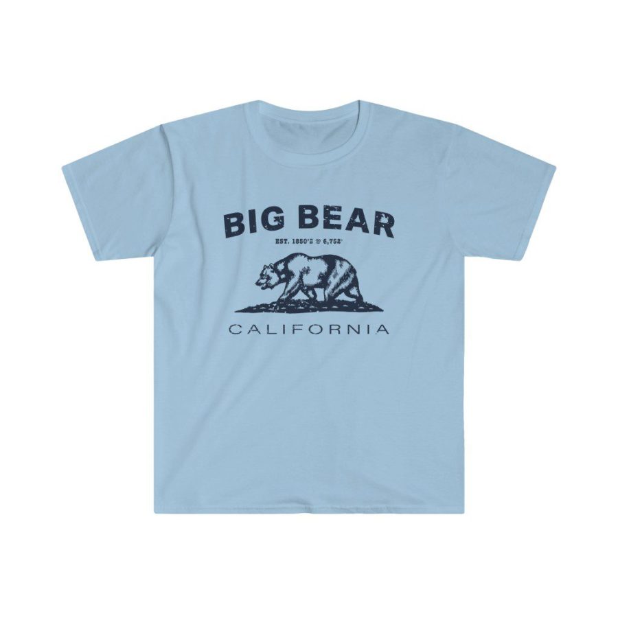 Big Bear Unisex Soft-style T-Shirt with our Text + California Bear Design – Navy on Light Blue