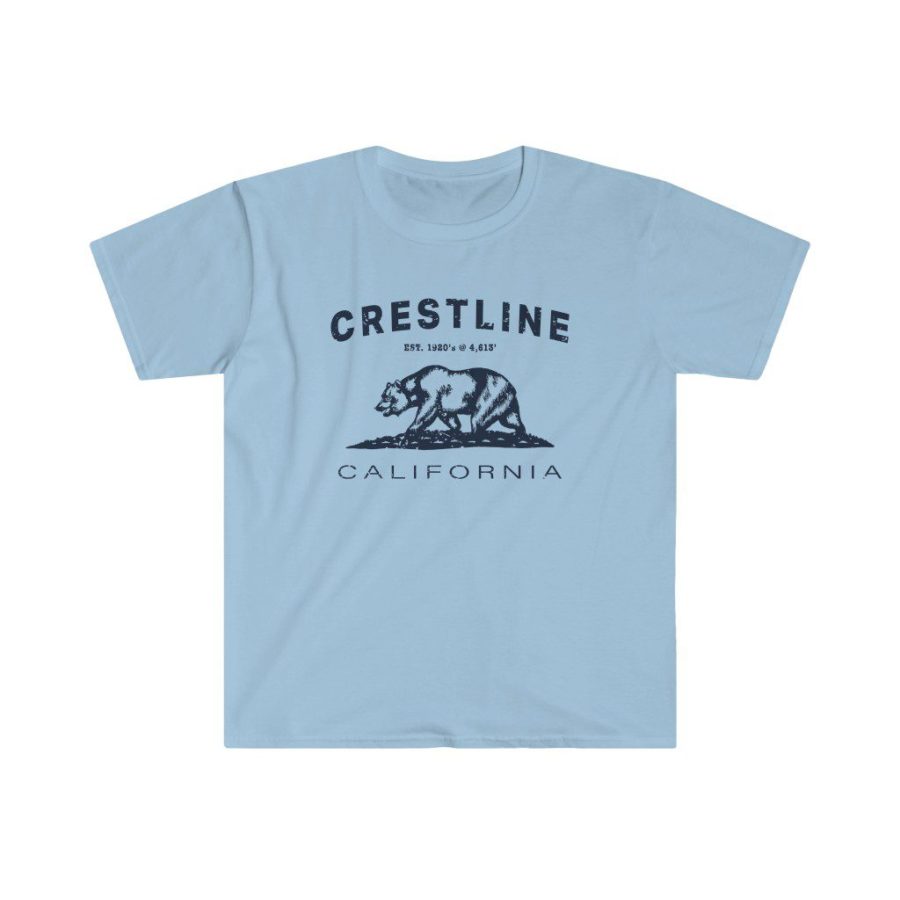 Crestline Unisex Soft-style T-Shirt with our Text + California Bear Design – Navy on Light Blue