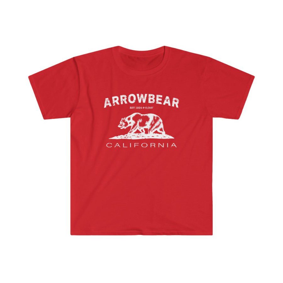Arrowbear Unisex Soft-style T-Shirt with our Text + California Bear Design - White on Red