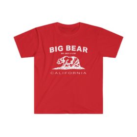 Big Bear Unisex Soft-style T-Shirt with our Text + California Bear Design – White on Red