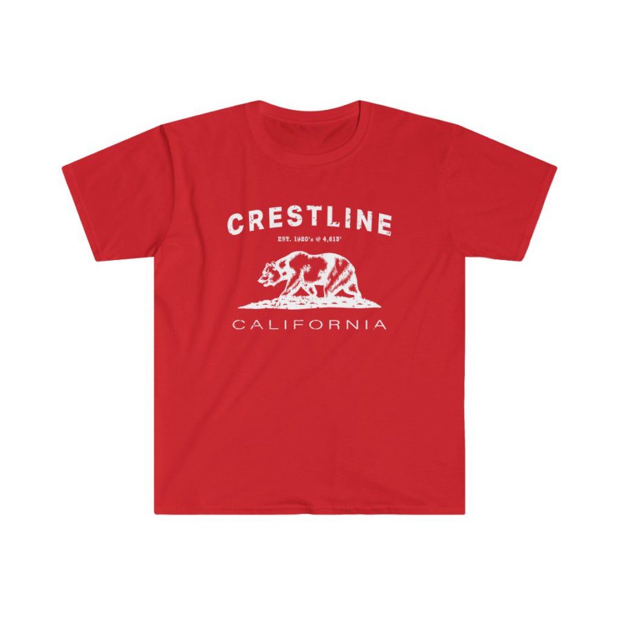 Crestline Unisex Soft-style T-Shirt with our Text + California Bear Design – White on Red