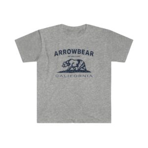 Arrowbear Unisex Soft-style T-Shirt with our Text + California Bear Design - Navy on Sport Grey