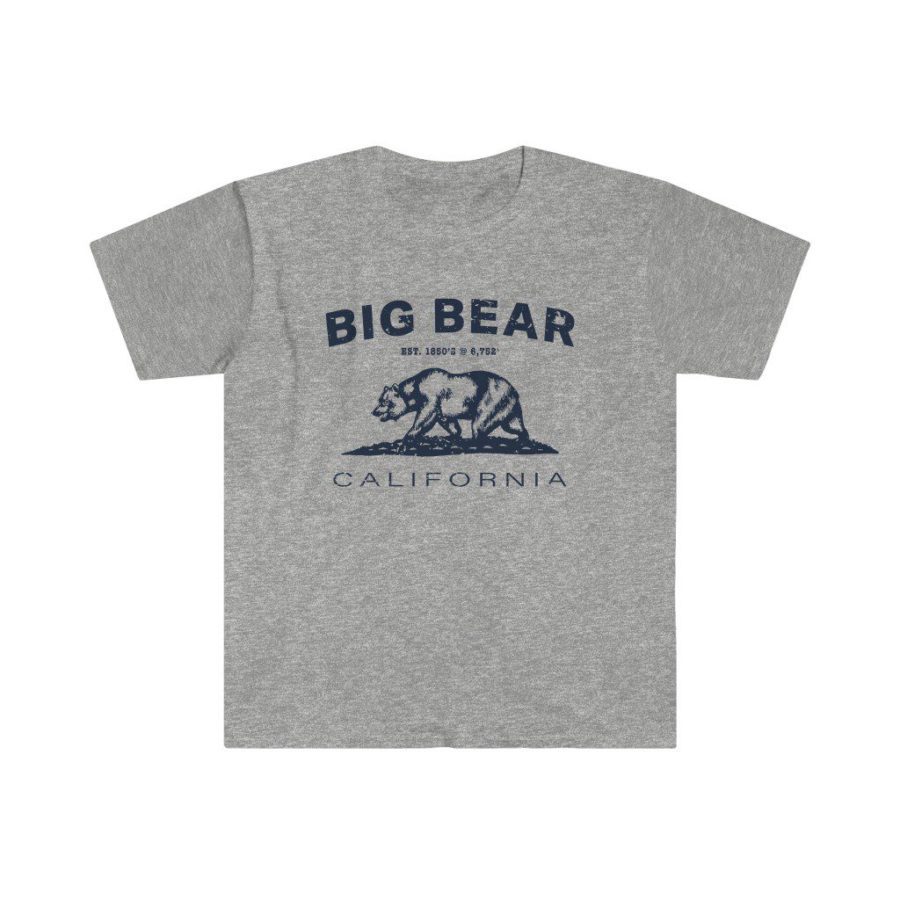 Big Bear Unisex Soft-style T-Shirt with our Text + California Bear Design – Navy on Sport Grey