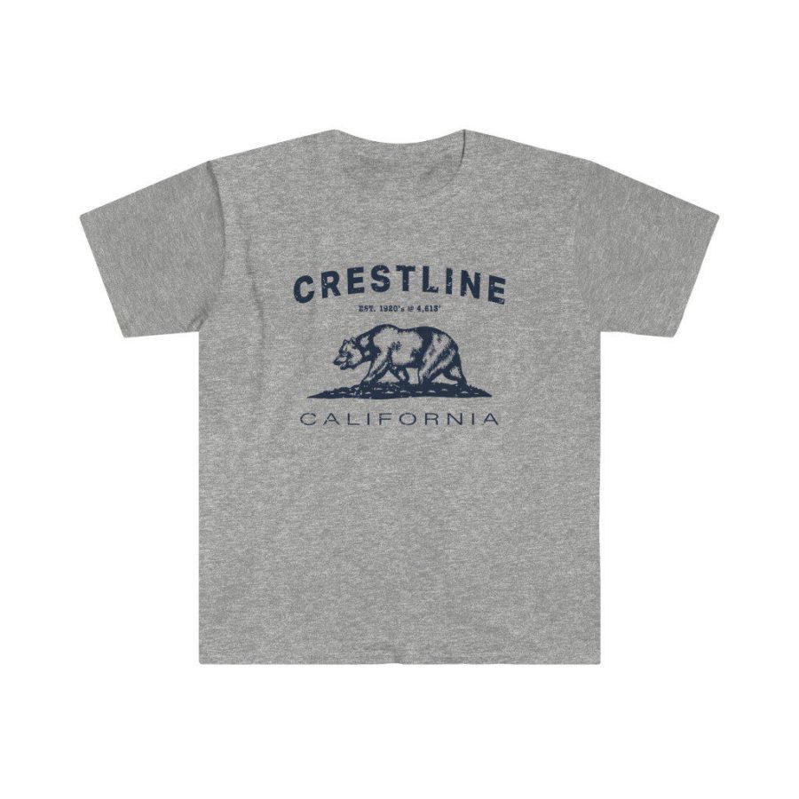 Crestline Unisex Soft-style T-Shirt with our Text + California Bear Design – Navy on Sport Grey
