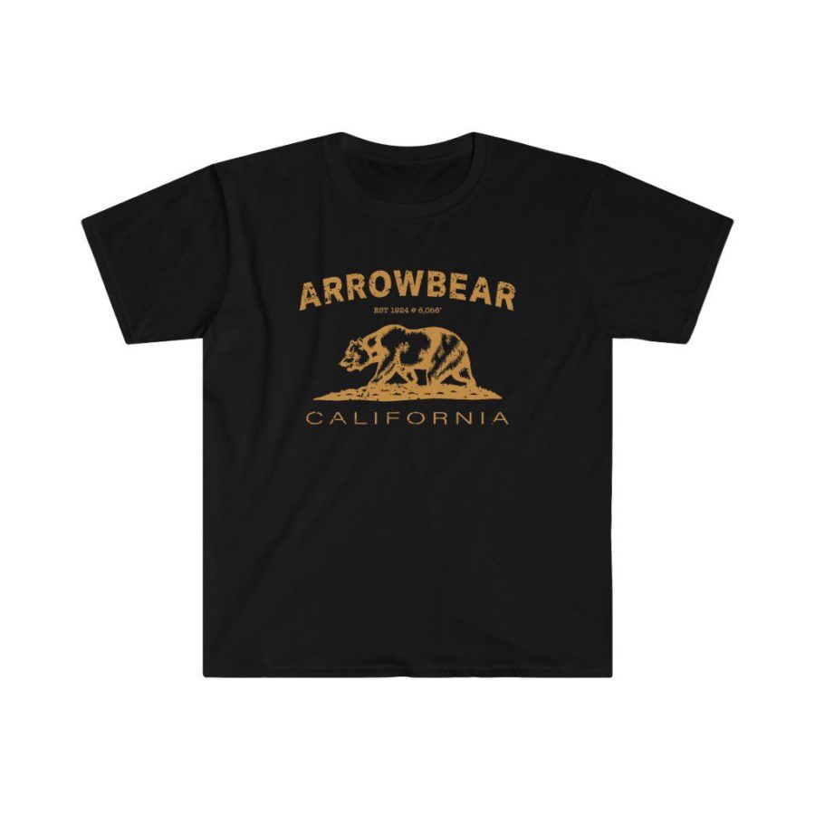 Arrowbear Unisex Soft-style T-Shirt with our Text + California Bear Design - Gold on Black