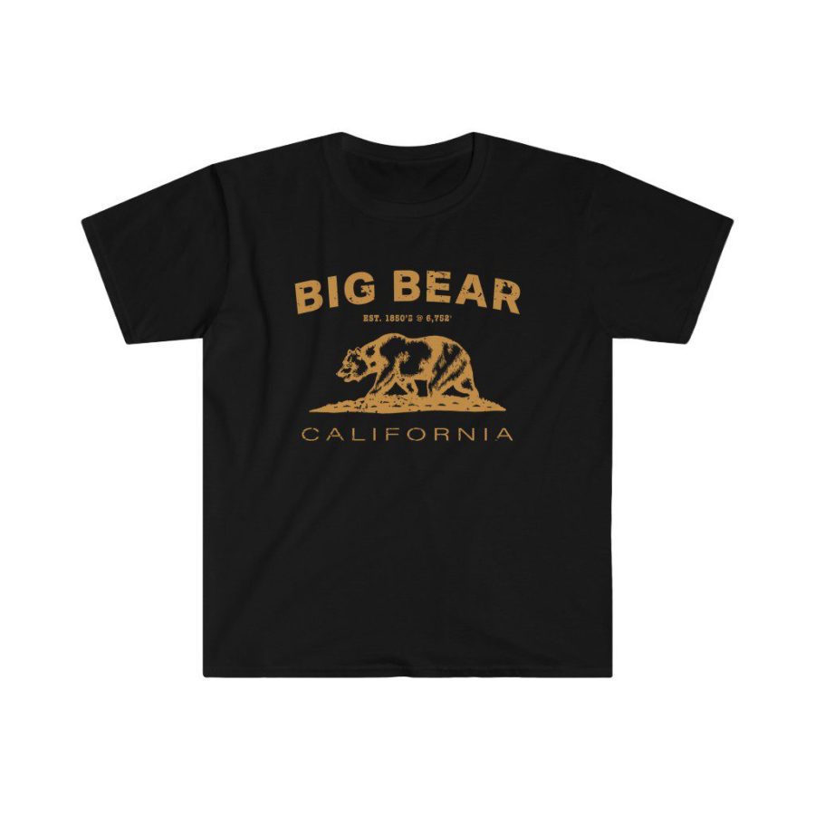 Big Bear Unisex Soft-style T-Shirt with our Text + California Bear Design – Gold on Black