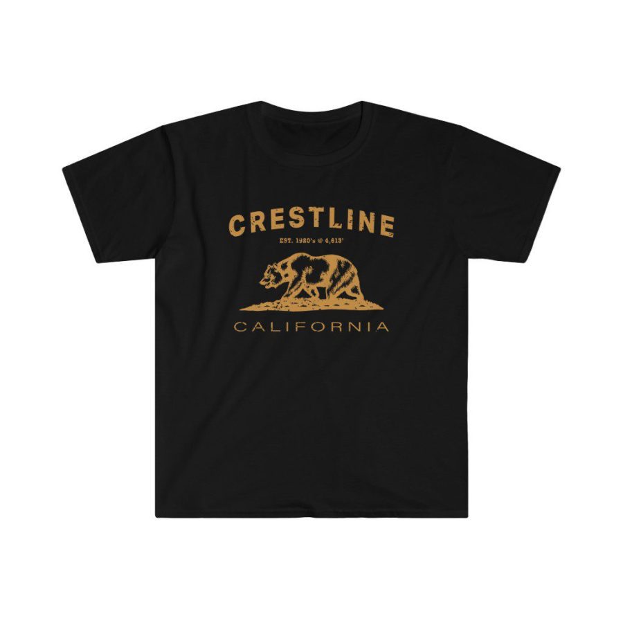 Crestline Unisex Soft-style T-Shirt with our Text + California Bear Design – Gold on Black