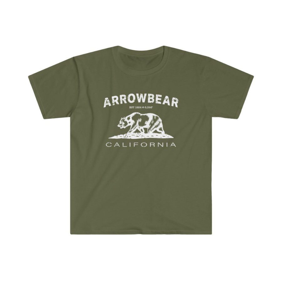 Arrowbear Unisex Soft-style T-Shirt with our Text + California Bear Design - White on Military Green