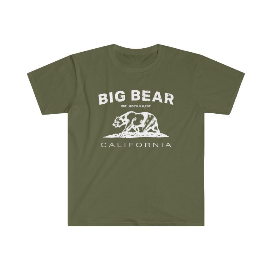 Big Bear Unisex Soft-style T-Shirt with our Text + California Bear Design – White on Military Green