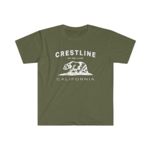 Crestline Unisex Soft-style T-Shirt with our Text + California Bear Design – White on Military Green