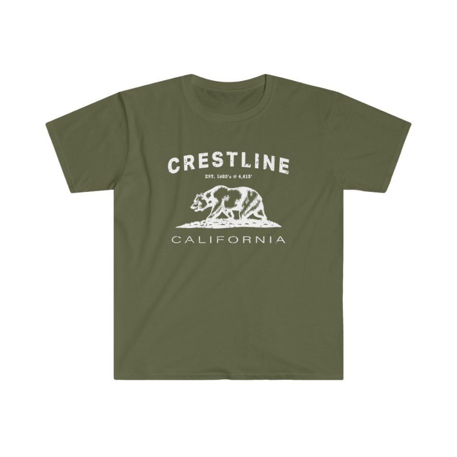 Crestline Unisex Soft-style T-Shirt with our Text + California Bear Design – White on Military Green