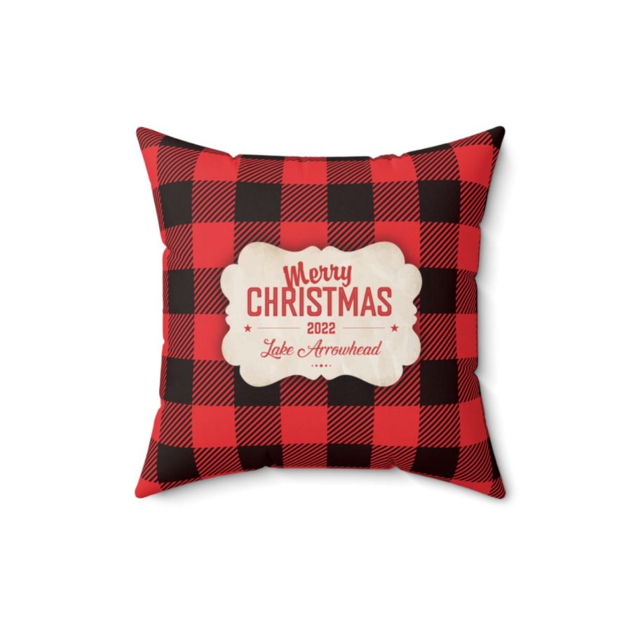lake arrowhead faux suede christmas pillow with merry christmas tag on red + black plaid (16" x 16")
