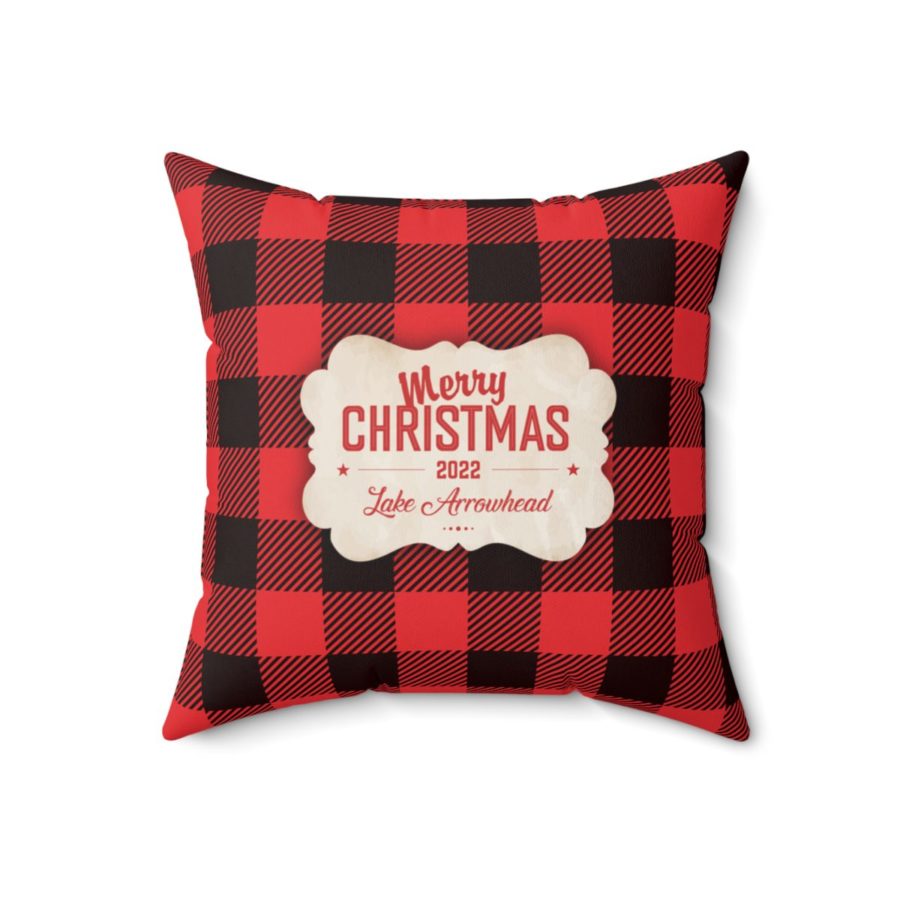 lake arrowhead faux suede christmas pillow with merry christmas tag on red + black plaid (18" x 18")
