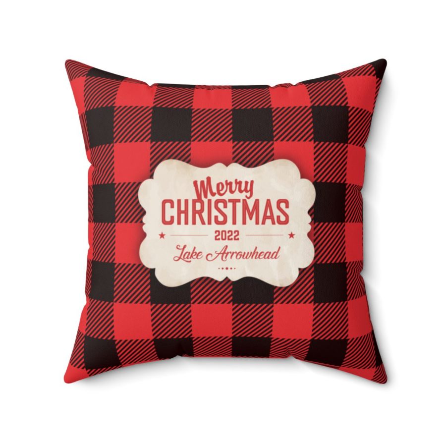 lake arrowhead faux suede christmas pillow with merry christmas tag on red + black plaid (20" x 20")