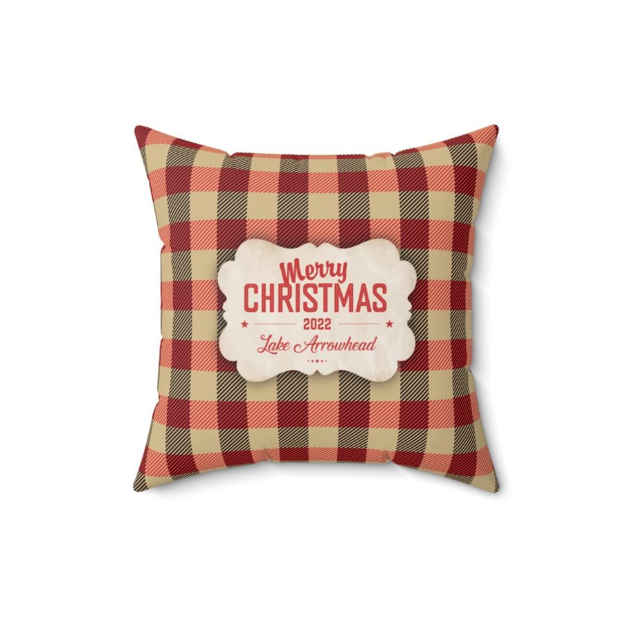 lake arrowhead faux suede christmas pillow with merry christmas tag on tan plaid pattern (16" x 16")