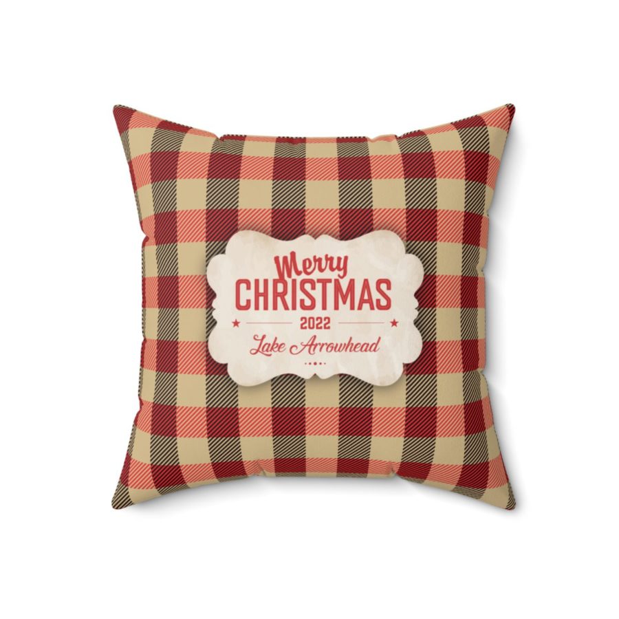 lake arrowhead faux suede christmas pillow with merry christmas tag on tan plaid pattern (18" x 18")