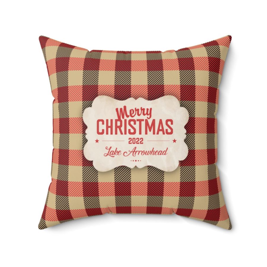 lake arrowhead faux suede christmas pillow with merry christmas tag on tan plaid pattern (20" x 20")