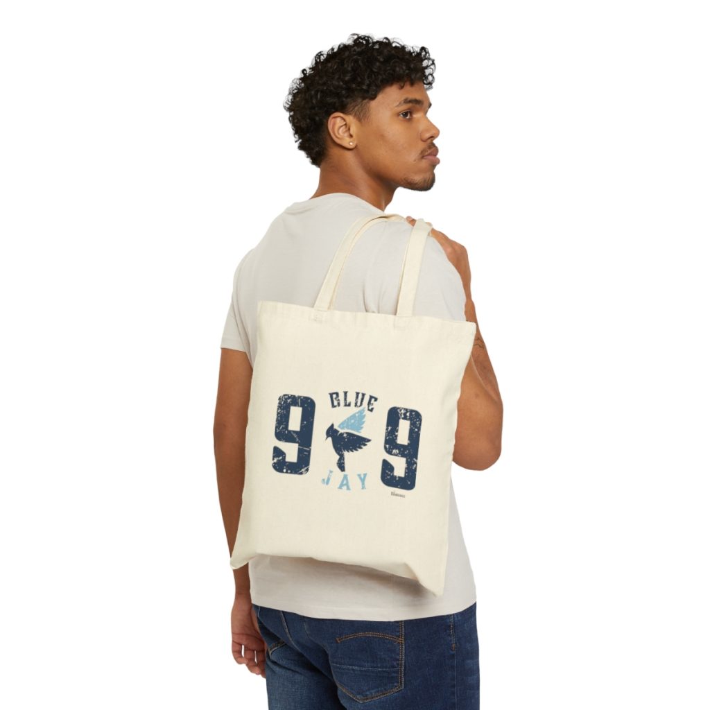 blue jay ca tote bag with our 909 blue jay design