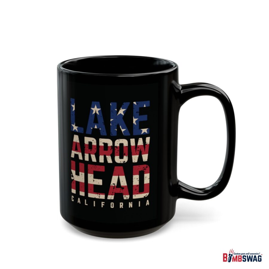 lake arrowhead black coffee mug styled with the american flag