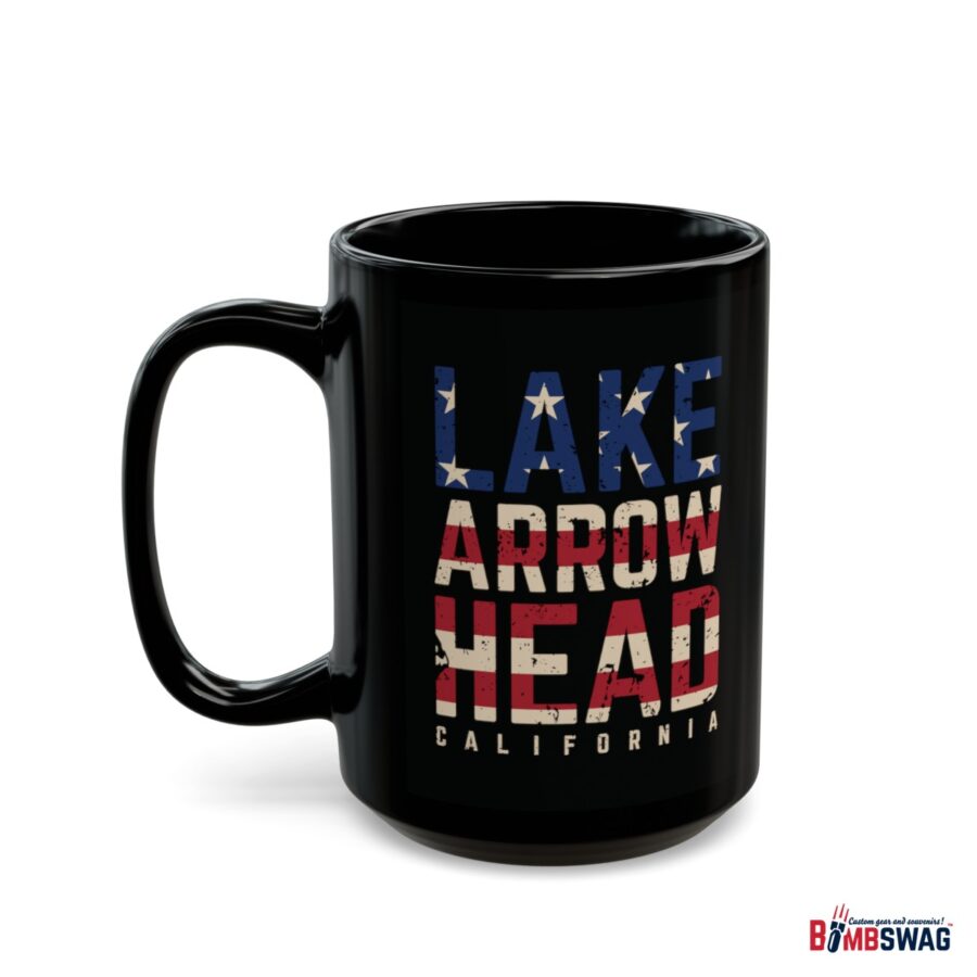 lake arrowhead black coffee mug styled with the american flag