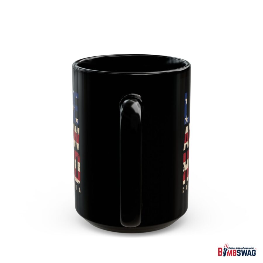 lake arrowhead black coffee mug styled with the american flag