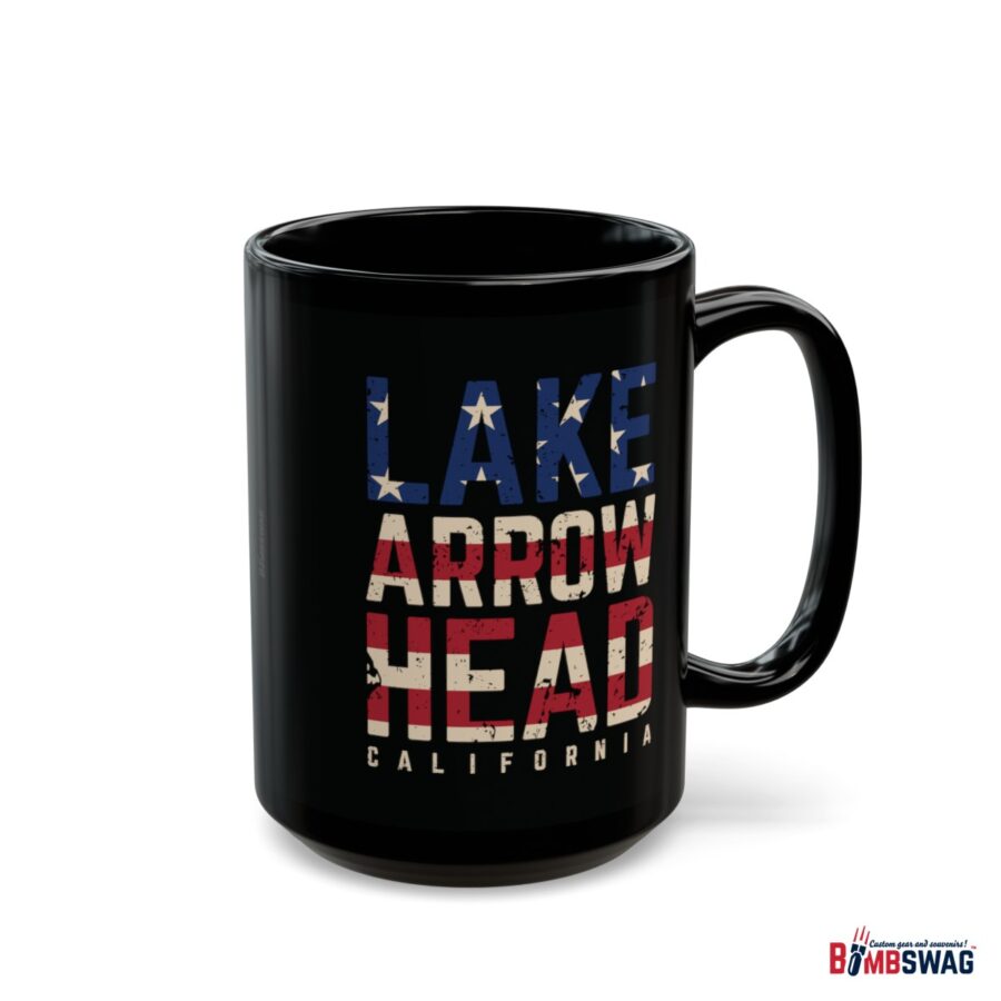 lake arrowhead black coffee mug styled with the american flag