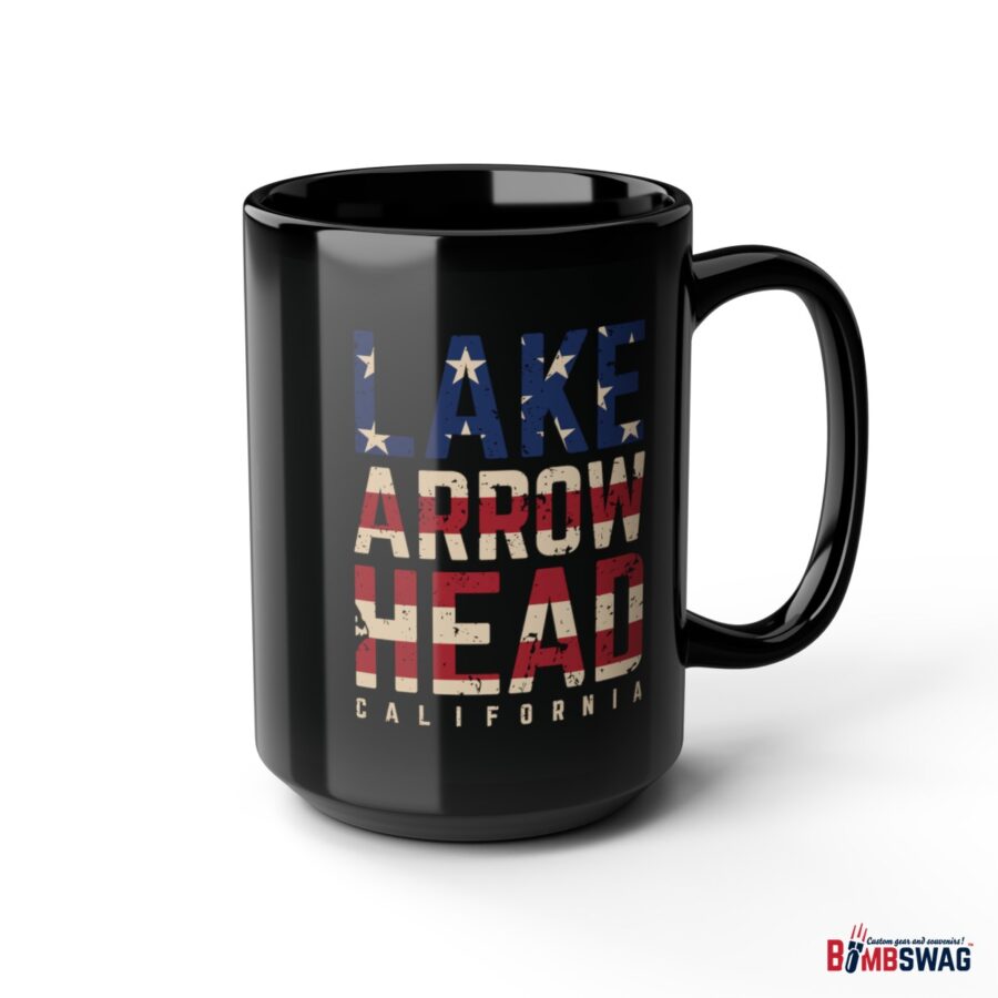 lake arrowhead black coffee mug styled with the american flag