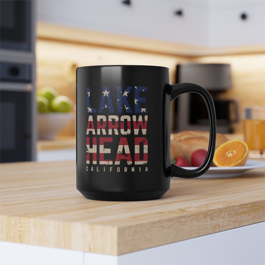 lake arrowhead black coffee mug styled with the american flag