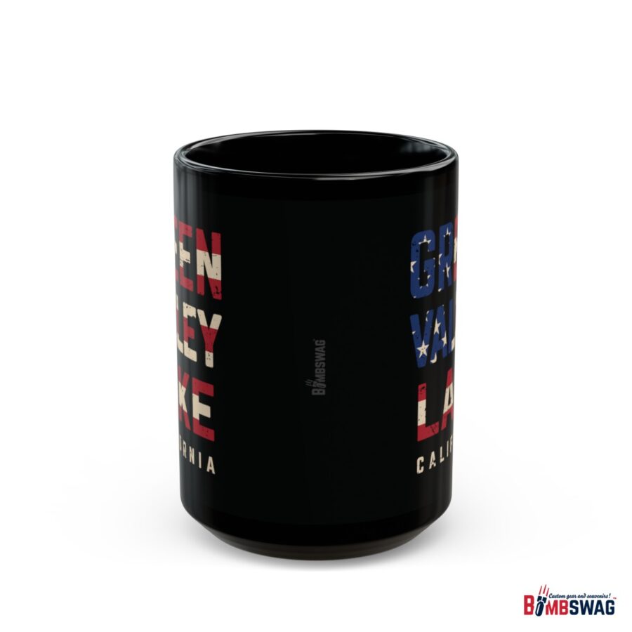 green valley lake black coffee mug styled with the american flag