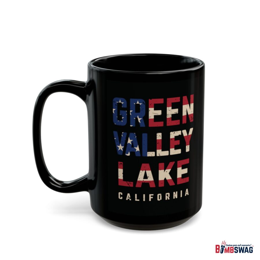 green valley lake black coffee mug styled with the american flag