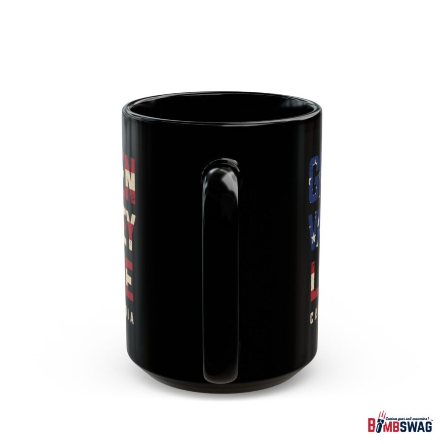 green valley lake black coffee mug styled with the american flag