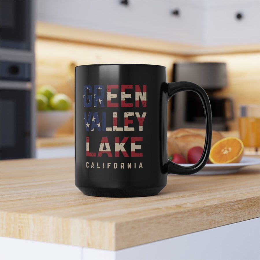 green valley lake black coffee mug styled with the american flag