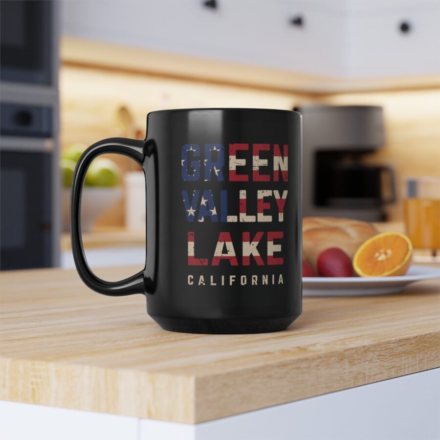 green valley lake black coffee mug styled with the american flag