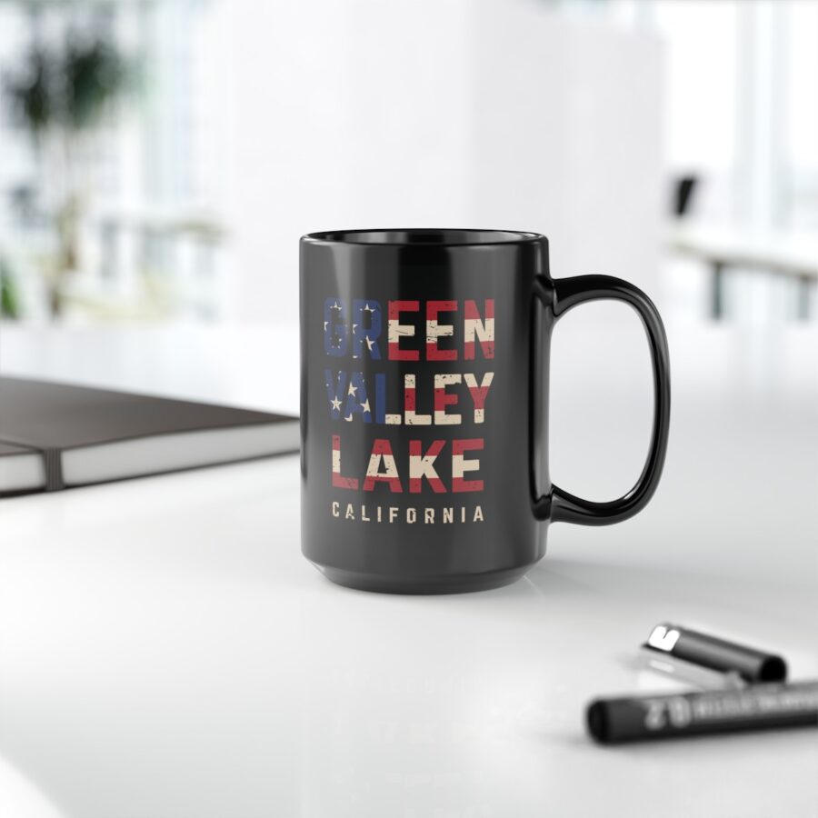 green valley lake black coffee mug styled with the american flag